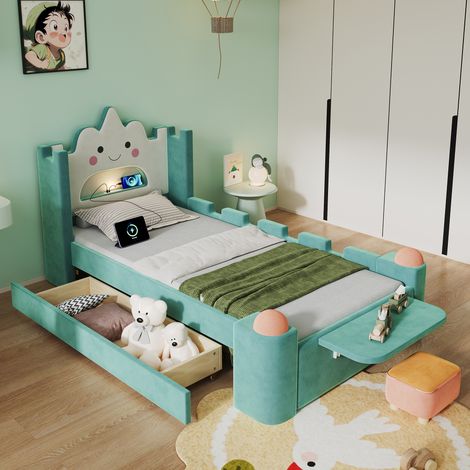 Lit enfant capitonné, lit simple, lit nuage avec lampe de lecture LED et port USB, tiroir de rangement installable à gauche ou à droite, étagère pliable, tabouret, protection antichute, revêtement en (1/4)
