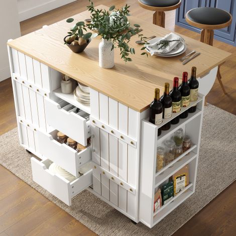 Meuble de cuisine, desserte en bois, chariot de cuisine à roulettes avec plan de travail, chariot de cuisine avec porte-épices et porte-serviettes, îlot de cuisine avec portes coulissantes et tiroirs,