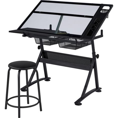 Yaheetech Tavolo da Disegno Inclinabile Pannello in Vetro Regolabile in Altezza Scrivania Artigianale per Riporre gli Oggetti per Arte Tecnico Pittura Lavoro Studio 141 x 60 x 91 cm Nero (1/5)
