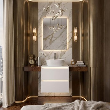 Mobile Bagno Sospeso 60 cm con 2 Cassetti e lavabo appoggio Bianco Satinato – Linea