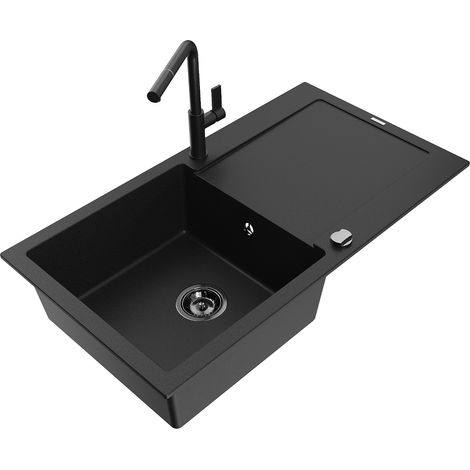 Mexen Leo 1 Becken-Granitspüle mit Abtropffläche und Mischbatterie Flora, Schwarz - 6501-77-670401-7 (1/5)