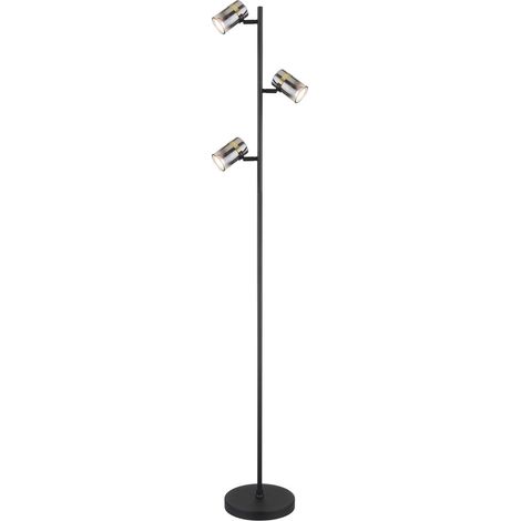 Lampadaire multi-bras, abat-jour en verre fumé noir mat, 3 ampoules GU10