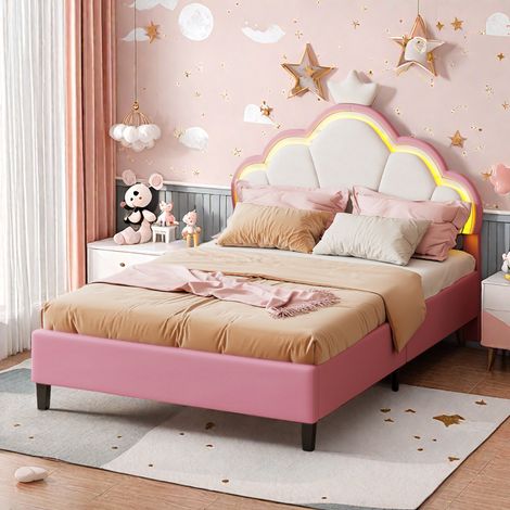 Lit pour Enfant 140x200cm,lit Double rembourré 140x200 avec Éclairage LED,Lit Fille Couronne avec Sommier à Lattes et Tête de lit réglable,Velours
