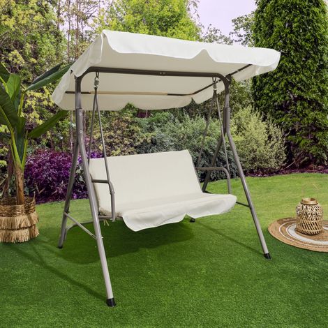 The Home Deco Factory – Balancelle de jardin contemporaine – 3 places – Structure en métal – Coussin épais en polyester – Charge maximale 300kg – Beige