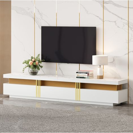 Meuble TV 200 cm avec 3 tiroirs et passe-câbles, blanc, pour appartement et hôtel (1/5)