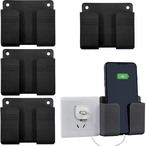 Juego de 4 soportes de pared para teléfono con adhesivo, base de carga, organizador de cables, caja multifuncional para ducha y cama (negro) (1/5)