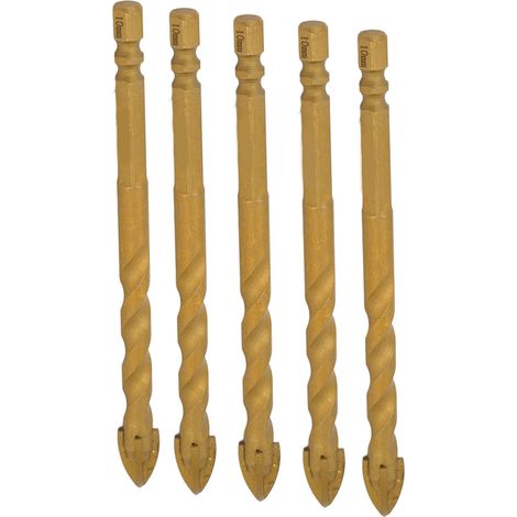 Jeu de 5 forets 10mm à pointe croisée queue hexagonale pour perçage verre, carrelage, béton et cuivre (1/5)