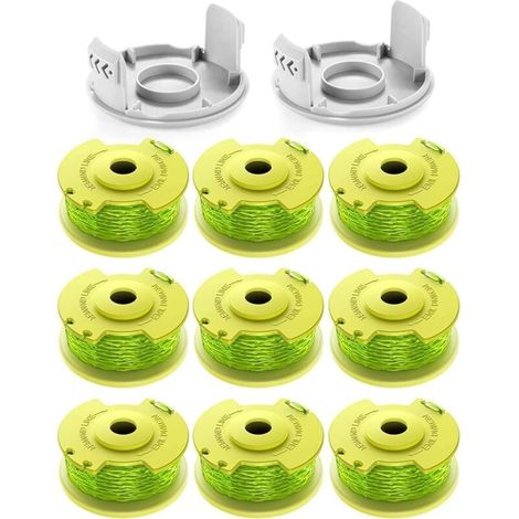 11 bobines de fil de rechange pour coupe-bordures Ryobi One+ - Diamètre 2,0 mm, longueur 3,4 m - Compatible AC14RL3A - Lot avec 9 bobines et 2 couvercles - Performance fiable. (1/4)