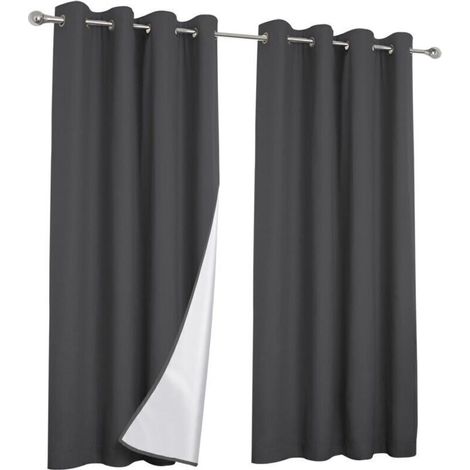 Lot de 2 rideaux thermiques gris anthracite 135x240 cm – Doublure argentée pour isolation thermique – 8 œillets ronds pour installation facile (1/4)