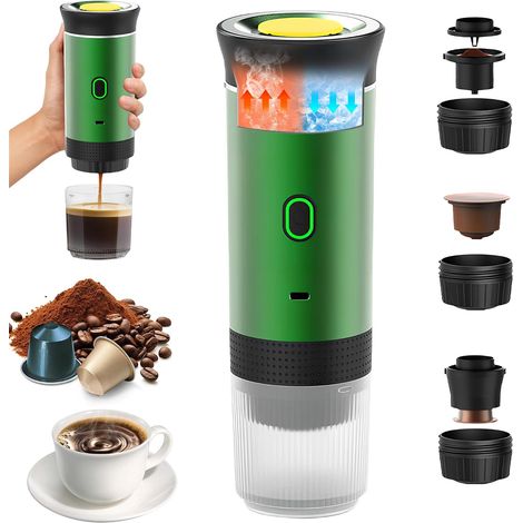 Tragbare 3-in-1 Kaffeemaschine (grün), 12V elektrische Espressomaschine, kompatibel mit dem Auto, kompatibel mit Kapseln und gemahlenem Kaffee, heizt schnell auf (4 bis 6 Minuten), ideal für Camping, (1/5)