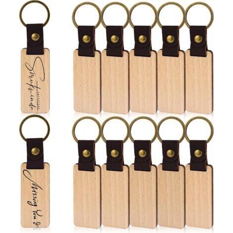 Lot de 12 Porte-Clés en Bois Naturel Vierge 12 Pièces avec Bande de Cuir pour Bricolage, Graver et Peindre - Artisanat Cadeau (1/5)