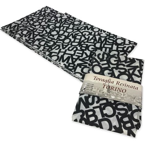 TOVAGLIA ANTIMACCHIA RESINATA TORINO LETTERE BIANCO NERO Cm. 140x140 x4 persone