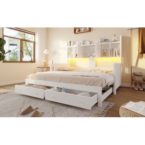 Canapé-lit extensible multifonction en bois blanc avec tiroirs, étagères, armoires et niches, équipé de prises électriques et éclairage LED, lit d'invité (1/5)