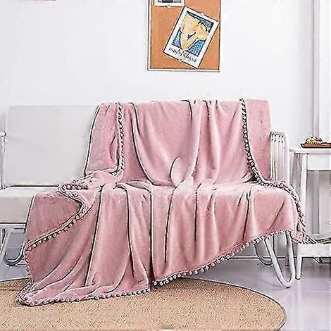 Couverture en flanelle douce à franges et pompons, idéale pour le lit et le canapé en toute saison (130 x 150 cm). (1/5)