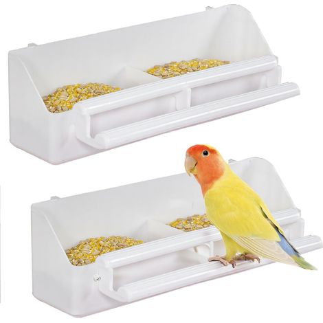 Mangeoire à Oiseaux pour Cage avec Perchoir Antidérapant Double Compartiment Distributeur de Nourriture en Plastique pour Canaris Perruches Inséparables (1/5)