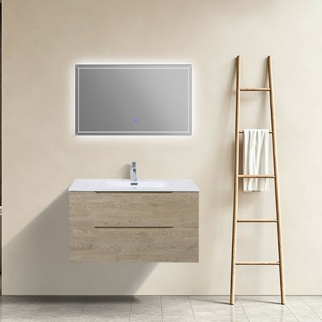 Meuble salle de bain design simple vasque COMBO largeur 90 cm chêne clair texturé (1/5)