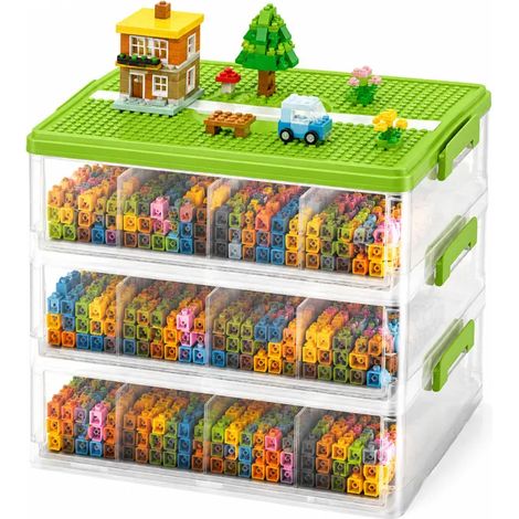 Boîte de rangement compatible LEGO – Organiseur empilable 3 plateaux avec 24 compartiments, couvercle plaque de construction, poignée, 31,5 x 22,5 x 12,5 cm (1/5)