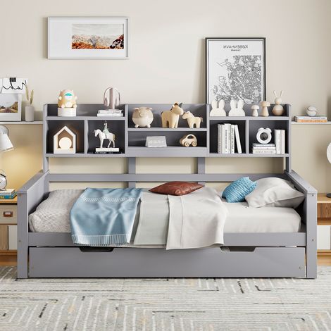 Bettsofa modern 90x200 cm grau aus Holz, mit Ausziehbett 90x190, Stauraum im Kopfteil und Lattenrost (1/5)