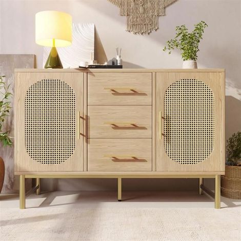 Buffet bas - Chêne - 3 tiroirs - 2 portes - Etagères réglables - Protection anti-basculement
