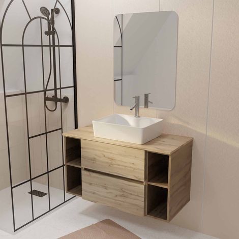 Mobile Bagno 100 TIMBER - Finitura Rovere 2 cassetti Lavabo Bianco Rettangolare Specchio 60x80