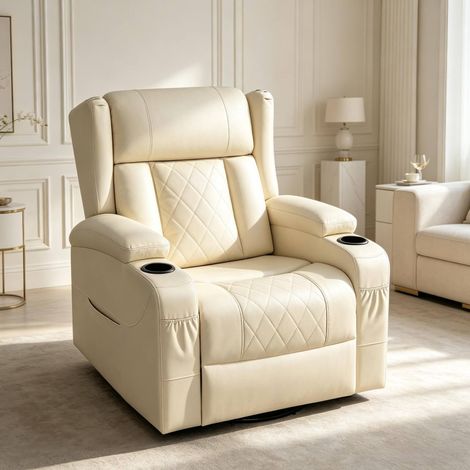 Poltrona relax girevole a 360° con schienale reclinabile e poggiapiedi, beige HAVRYA (1/5)
