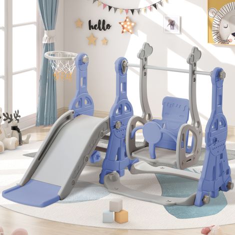 Giochi per bambini 4 in 1, adatti per interno ed esterno - con altalena, canestro, scivolo, scala - Blu
