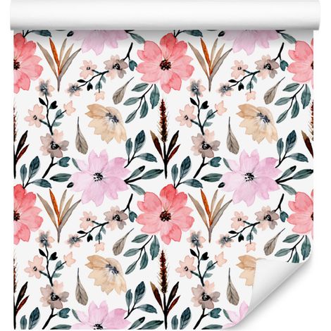 Papier peint fleuri blanc, gris clair et corail pour salon et chambre 50x1000 cm (1/5)