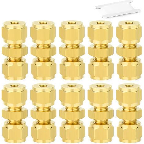 10 Pcs Raccord à compression en laiton, 4mm Raccord droit Union double, Connecteur à double bague pour tubes en cuivre, plastique et aluminium (1/4)
