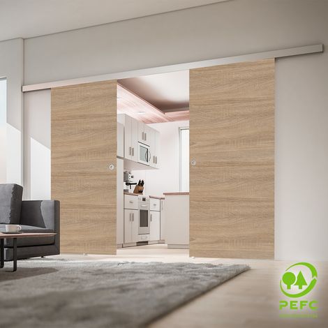 Schulte – Double porte coulissante intérieure 151 x 203 cm – Chêne plein 2 vantaux – Poignée carrée – Rail aluminium inoxydable