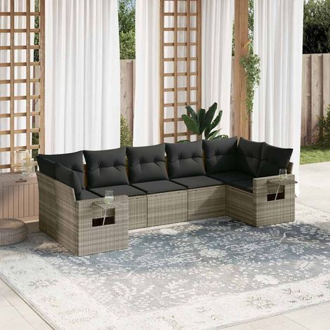 Canapé d'Extérieur Modulaire 7 Places avec Coussins Salon de Jardin en Résine Tressée Gris Clair Ensemble Meuble Salon Exterieur avec Accoudoirs et Table d'Appoint (1/5)