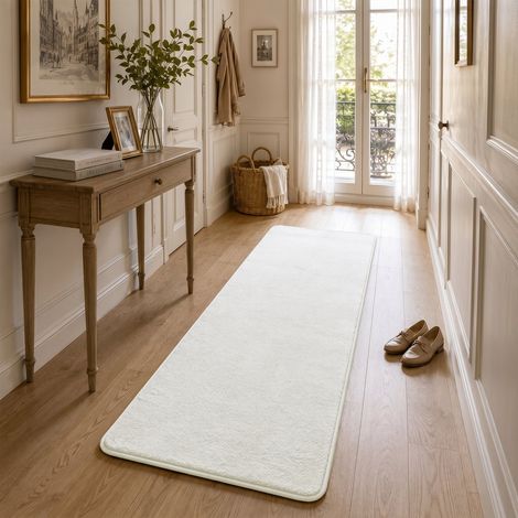 Tapis de salon poils ras doux antiderapant 60x180cm uni crème