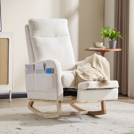 Fauteuil à bascule ergonomique blanc en polaire douce, dossier haut, base en bois incurvée, poche latérale et repose-pieds. Soulage les douleurs dorsales des mamans pour l'allaitement, la sieste et la (1/5)