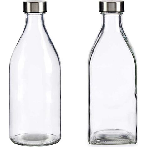 Set 2 Bottiglie in vetro da 1 litro con tappo a vite in acciaio quadrata e rotonda per acqua o vino da tavola dispenser buffet bibite succhi per servire con eleganza (1/5)