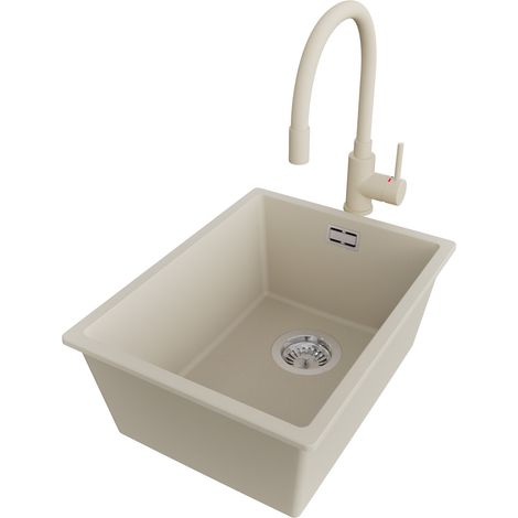 PRIMAGRAN Evier Cuisine en Granit 36x47cm,Lavabo 1 bac + Robinet 38x14cm + Kit de Vidage, Évier à Encastrer au meuble 40cm - London Slim, Beige (1/5)