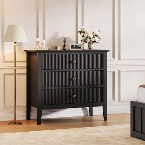 Schwarze Kommode mit 3 Schubladen, 80 cm breit, geriffeltes Design, modern (1/5)
