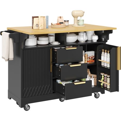 CHICFURN Îlot de cuisine multifonctionnel noir MDF métal 120 cm sur roulettes gain de place (1/5)