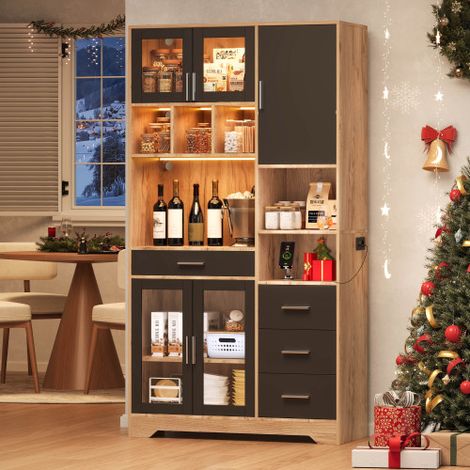 Mensola da cucina, mobile alto vintage in stile rustico, mobile contenitore, vetrina, ripiani regolabili, luci LED a colori variabili e portalampada, 185 × 100 × 40 cm