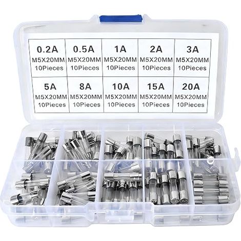 Glass Fuse, Fast Blow Fuse Kit, Car Glass Tube Fuse, 250V 0.2A 0.5A 1A 2A 3A 5A 8A 10A 15A 20A (1/5)