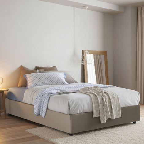 Talamo Italia - Letto piazza e mezza Alan, Letto contenitore con rivestimento in ecopelle, 100% Made in Italy, Apertura laterale, adatto per materasso Cm 120x190, Tortora (1/4)