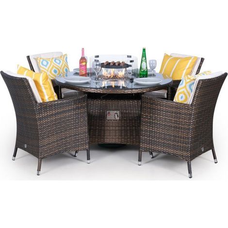Savannah Fire Pit 4 Seater Round Rattan Dining Set - Brown (1/5)