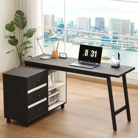 Escritorio esquinero 150x100x76 cm negro y blanco en MDF y metal con 3 cajones (1/5)