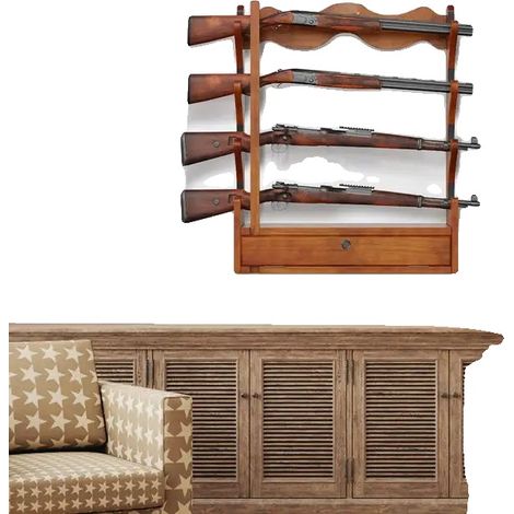 Soporte para armas de pared, fabricado en madera, con 4 ranuras, capacidad de carga de 60 kg, acolchado suave y diseño que ahorra espacio. (1/5)