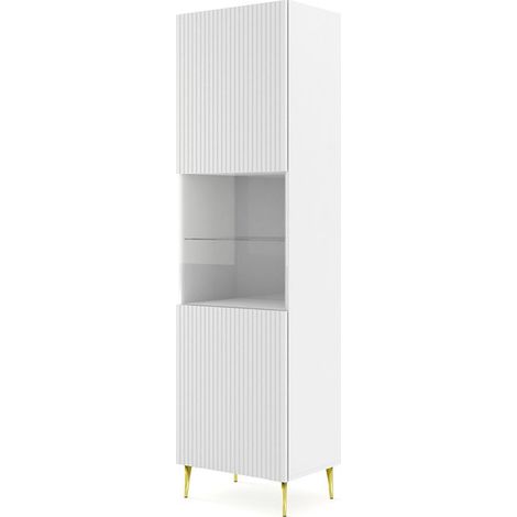 Mobile colonna vetrina soggiorno Ravenna cm 60x42x215H Bianco opaco piedi in oro
