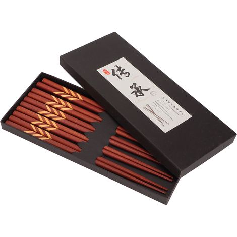 Lot de 5 paires de baguettes japonaises en bois de santal rouge avec boîte de rangement pour la maison ou l'hôtel (1/5)