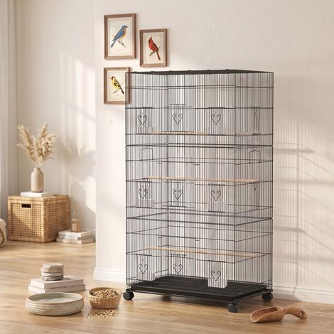 Grande Cage à Oiseaux sur Roulettes en Acier, Plateau Amovible, Portes, Perchoirs, Mangeoires, 77x46,5x141cm, Noir (1/5)