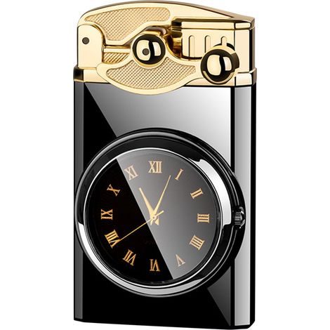 Briquet À Gaz - Allumeur À Roche Métallique Avec Affichage Horloger - Flamme Bleue Double Réglable - Pour Cigarettes Cigares - 1 Pièce (1/5)