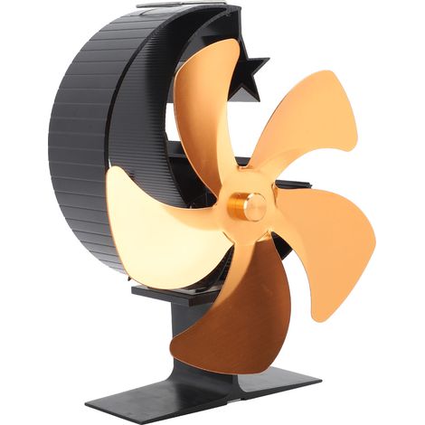 Ventilateur de poêle à bois à 5 pales avec écran thermique et thermomètre, alliage d'aluminium, fonctionnement silencieux, ventilateur thermique pour cheminée, doré (1/5)