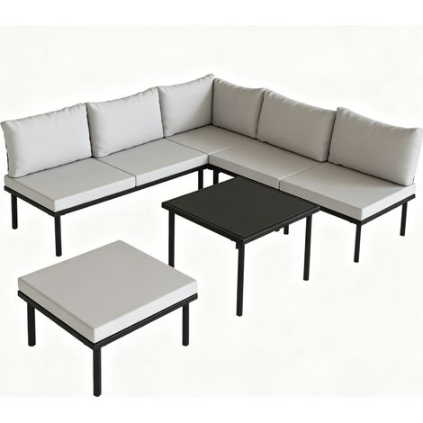 Salon de jardin modulable 6 pièces avec canapé 2 places, fauteuils, ottoman et table basse en verre trempé, noir et gris clair  CHICFURN (1/5)