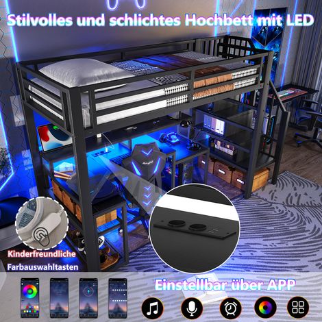Lit minuit 90x200 cm fer noir,rangements,échelle sécurisée,rampe protection,LED,bureau,port USB,lit fonctionnel moderne,sans matelas