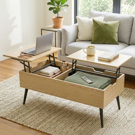 Table basse relevable avec double plateau table de salon avec compartiment caché et pieds en métal bois naturel design moderne